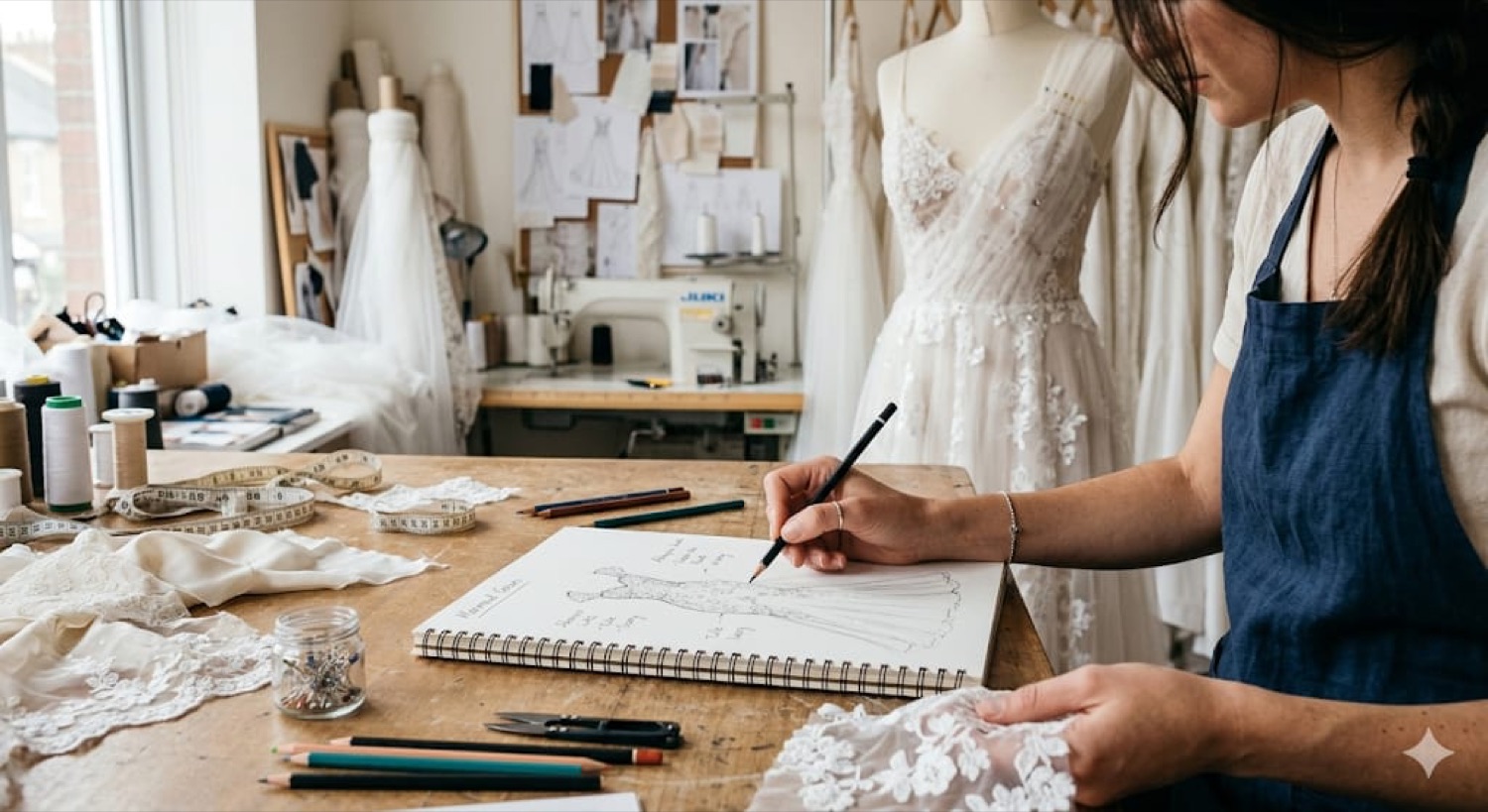 Lo stilista disegna un bozzetto in atelier, tra abiti e manichini
